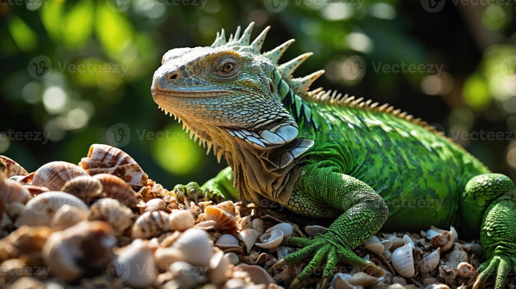 A vibrant green iguana rests on a bed of seashells in a lush environment. photo
