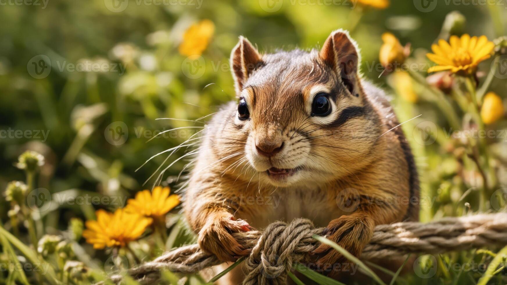 A close-up of a chipmunk holding onto a rope amidst vibrant flowers in a natural setting. photo