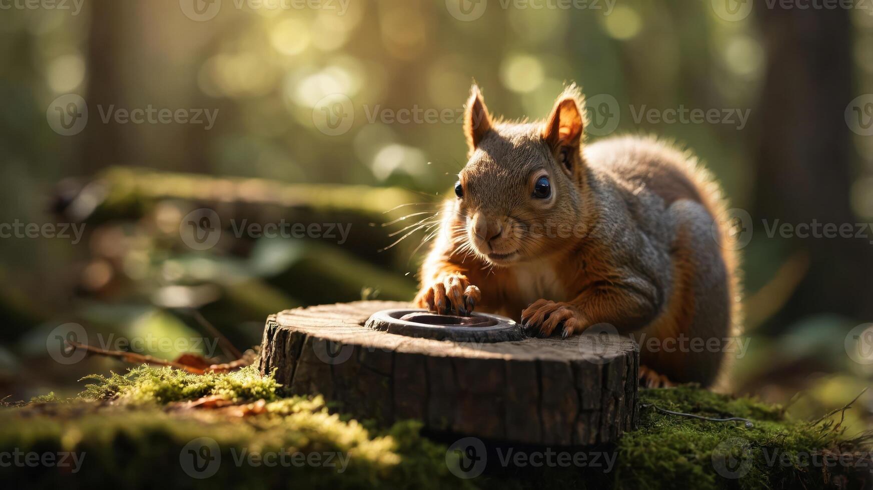 A curious squirrel interacts with a circular object on a mossy log in a sunlit forest. photo