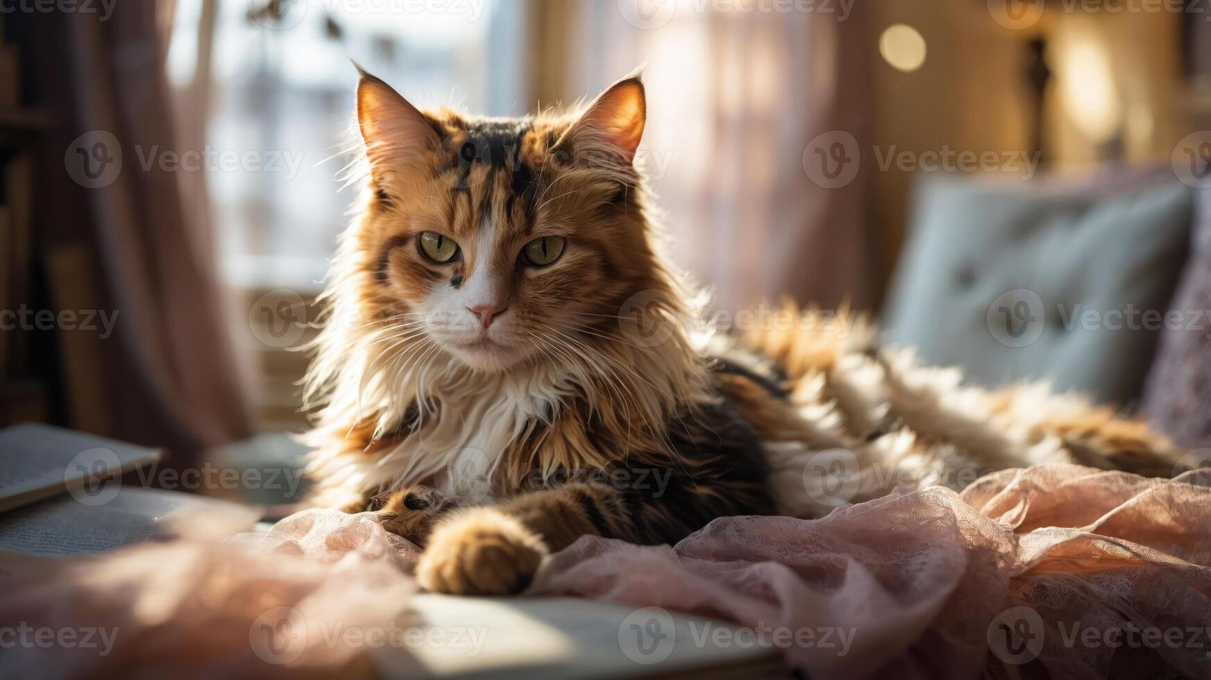 A majestic cat lounging in soft sunlight with a cozy atmosphere. photo