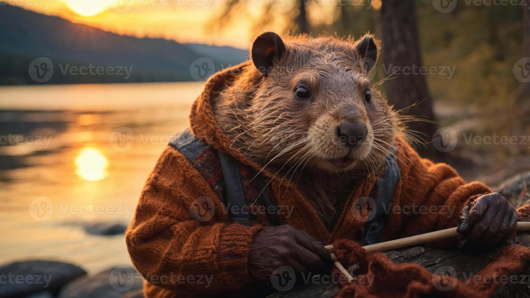 A whimsical beaver in a cozy sweater knitting by a serene lake at sunset. photo