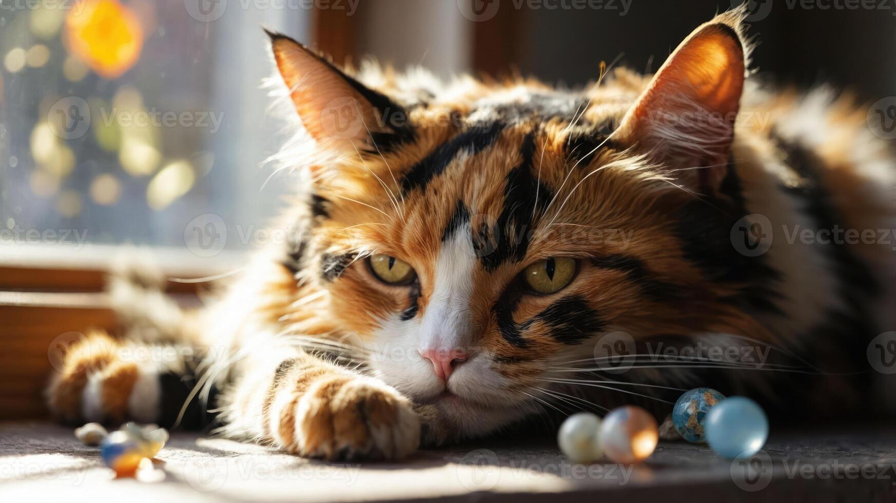A calico cat rests by a window with decorative marbles nearby, basking in warm sunlight. photo