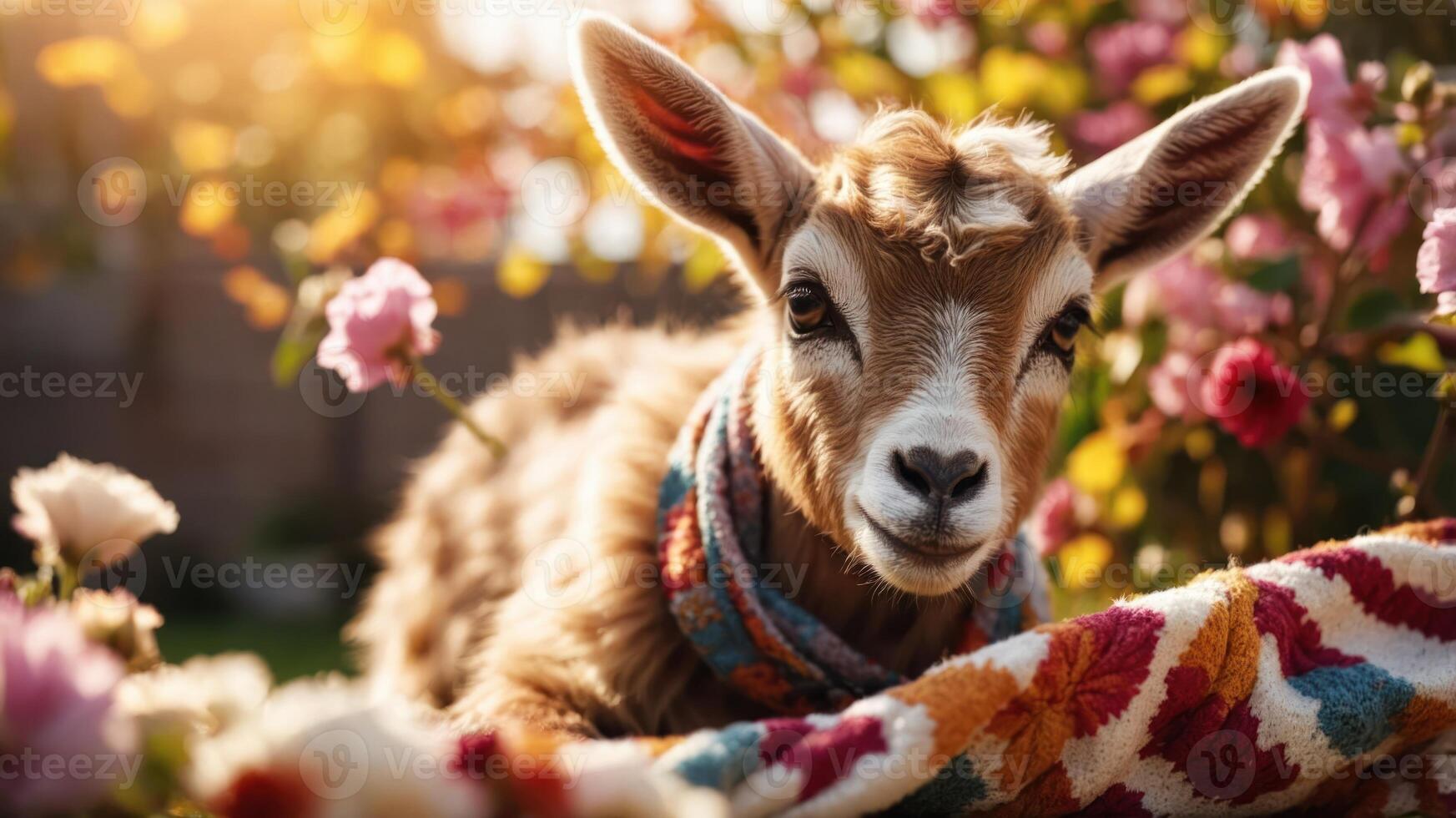 A cute goat resting among colorful flowers, wearing a decorative scarf in a sunny garden. photo