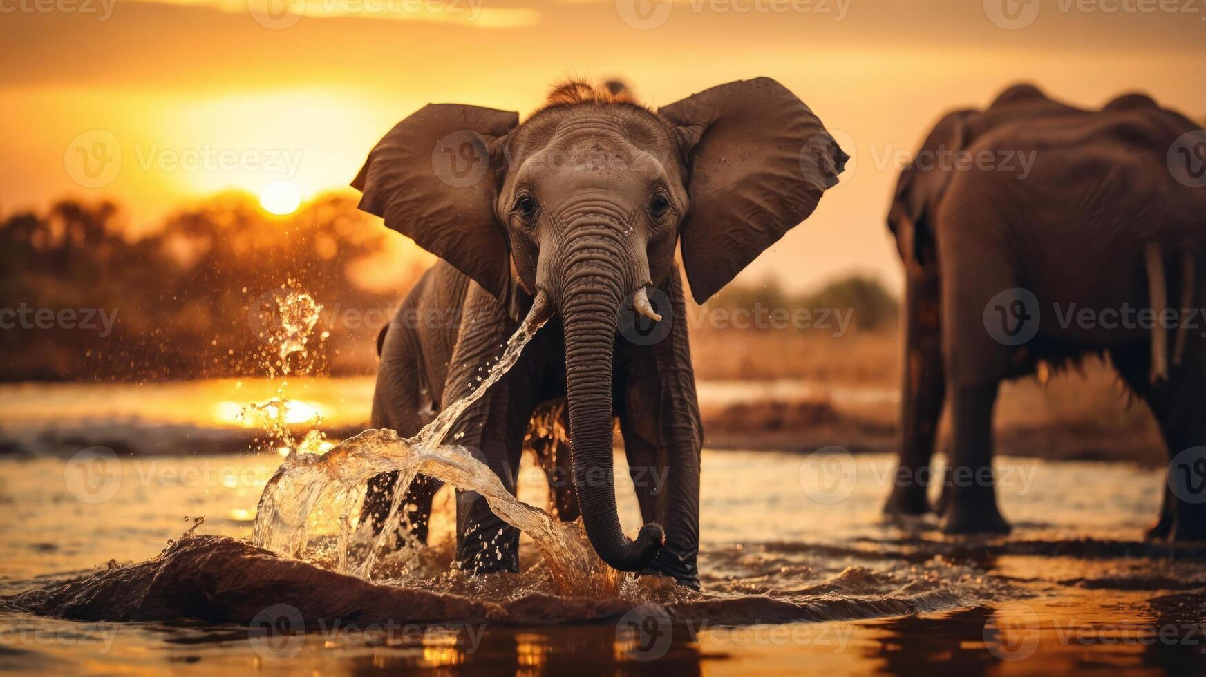 An elephant splashes water in a serene sunset scene, showcasing wildlife and nature's beauty. photo