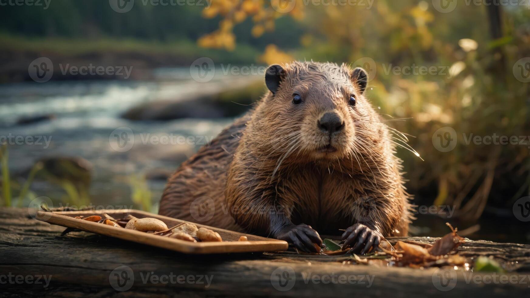 A beaver sits on a log by a river, surrounded by autumn foliage and a plate of food. photo