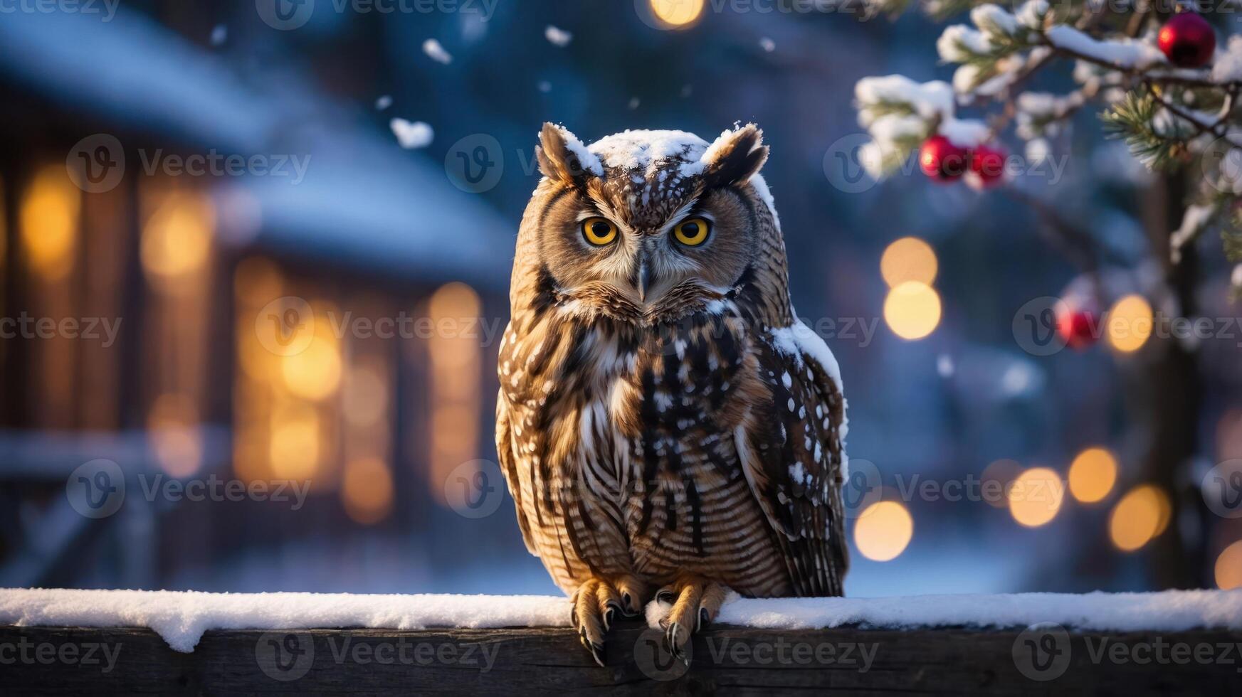A snowy owl perched in a winter landscape, illuminated by soft, warm lights. photo