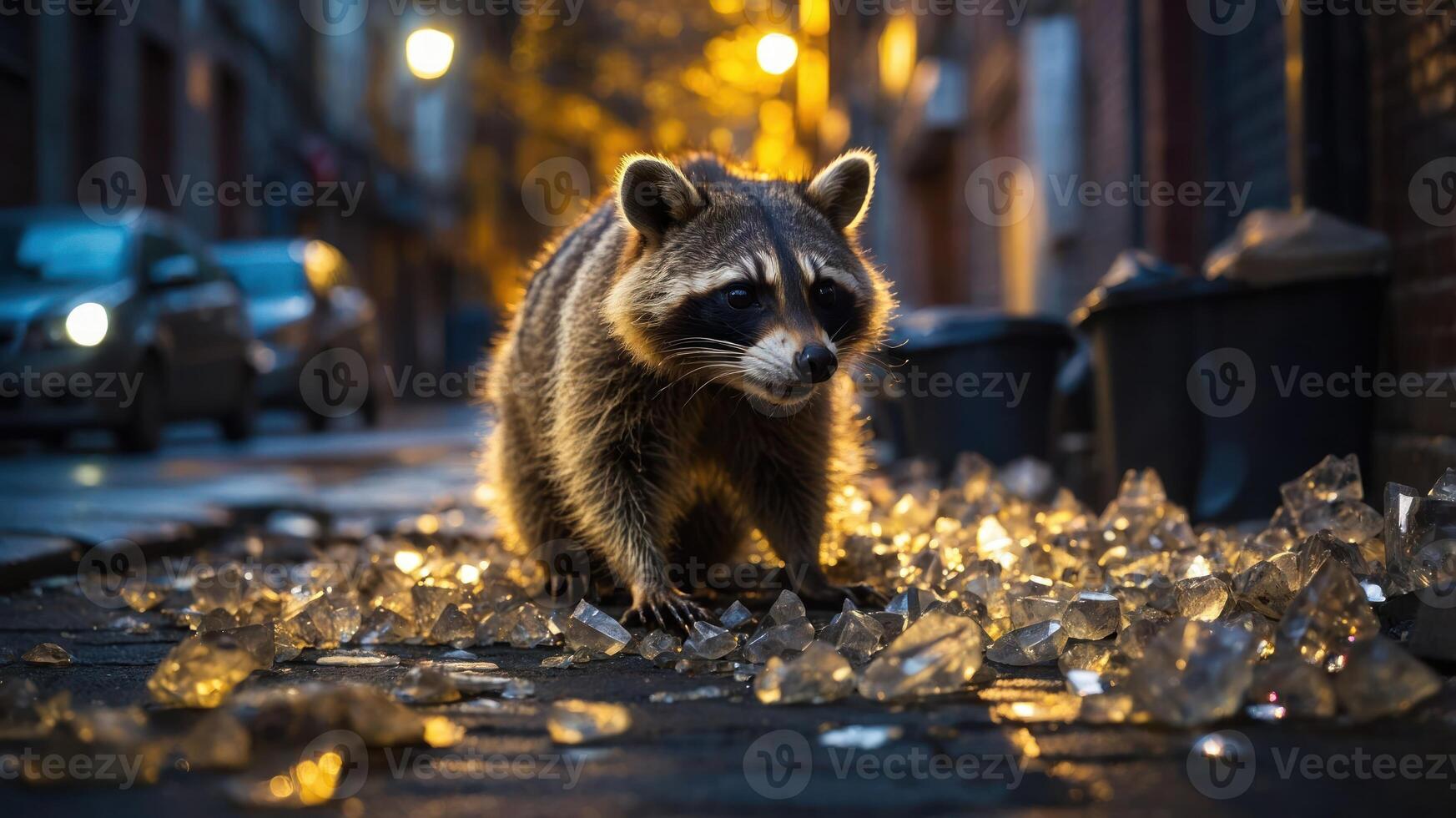 A raccoon scavenges through shattered glass in an urban alley at dusk. photo
