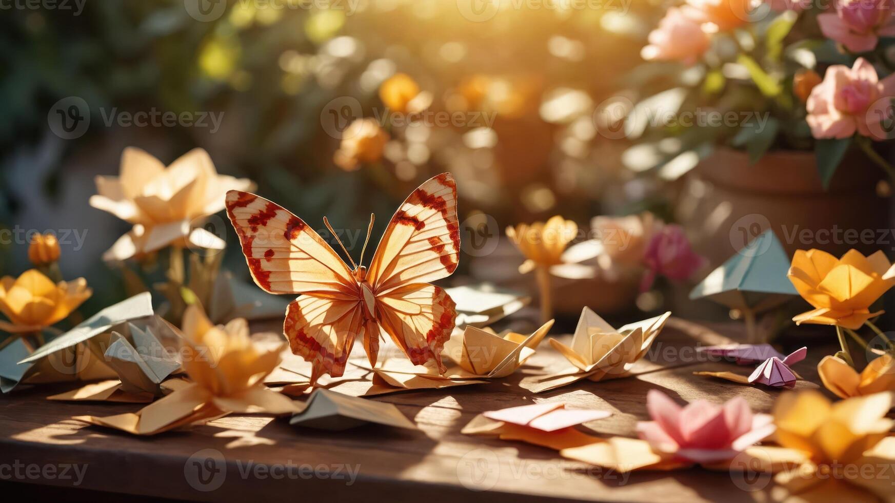 A vibrant display of origami butterflies and flowers in a sunlit garden setting. photo