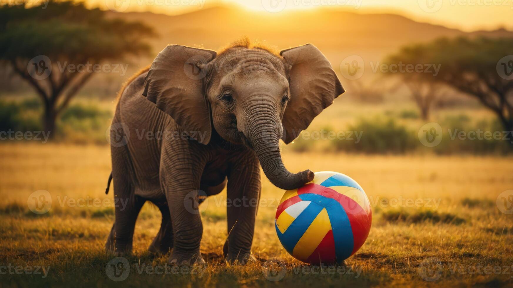 A playful elephant interacts with a colorful beach ball during sunset in a natural setting. photo