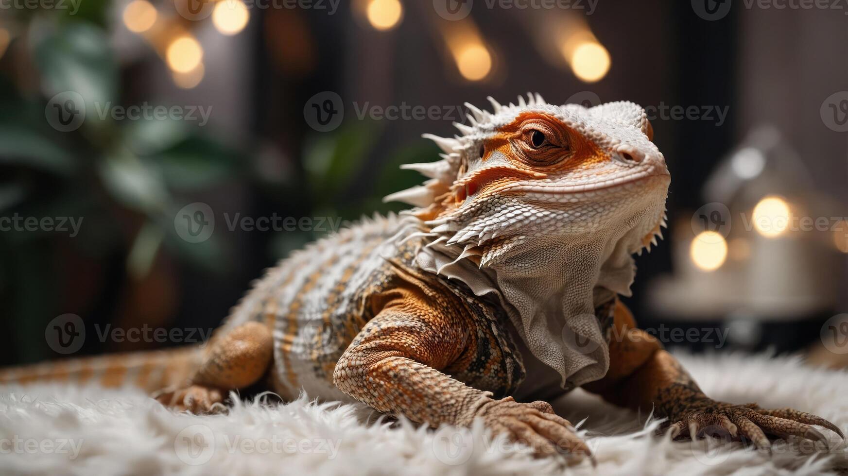 A close-up of a bearded dragon resting on a soft surface with warm lighting. photo