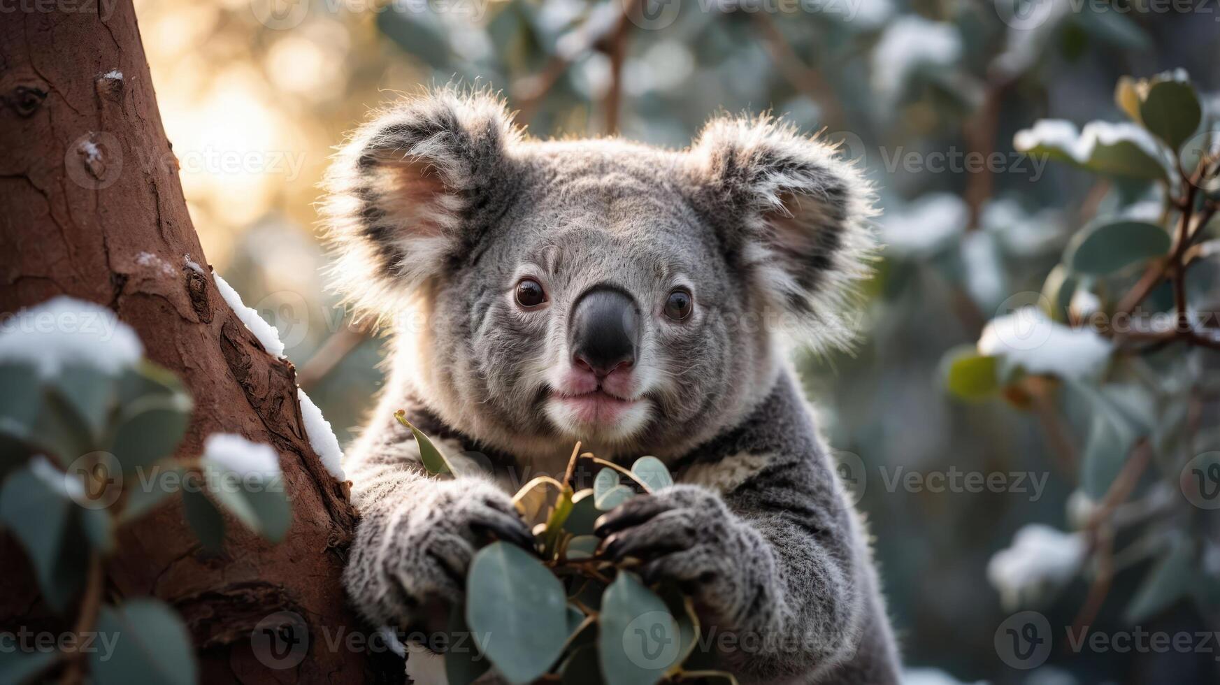 A koala holds eucalyptus leaves while perched on a tree, showcasing its natural habitat. photo