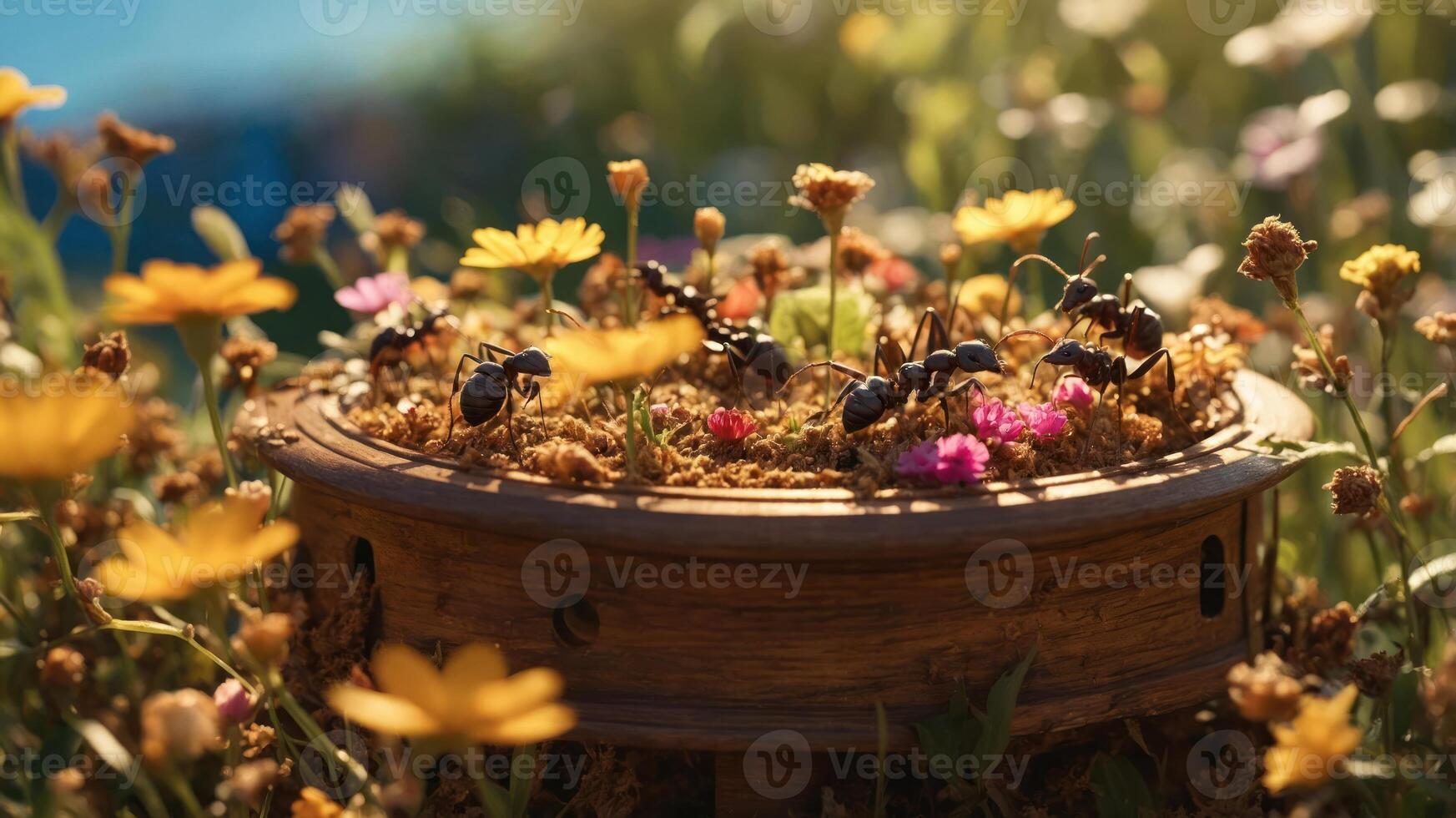 A wooden structure surrounded by flowers, with ants actively gathering materials. photo