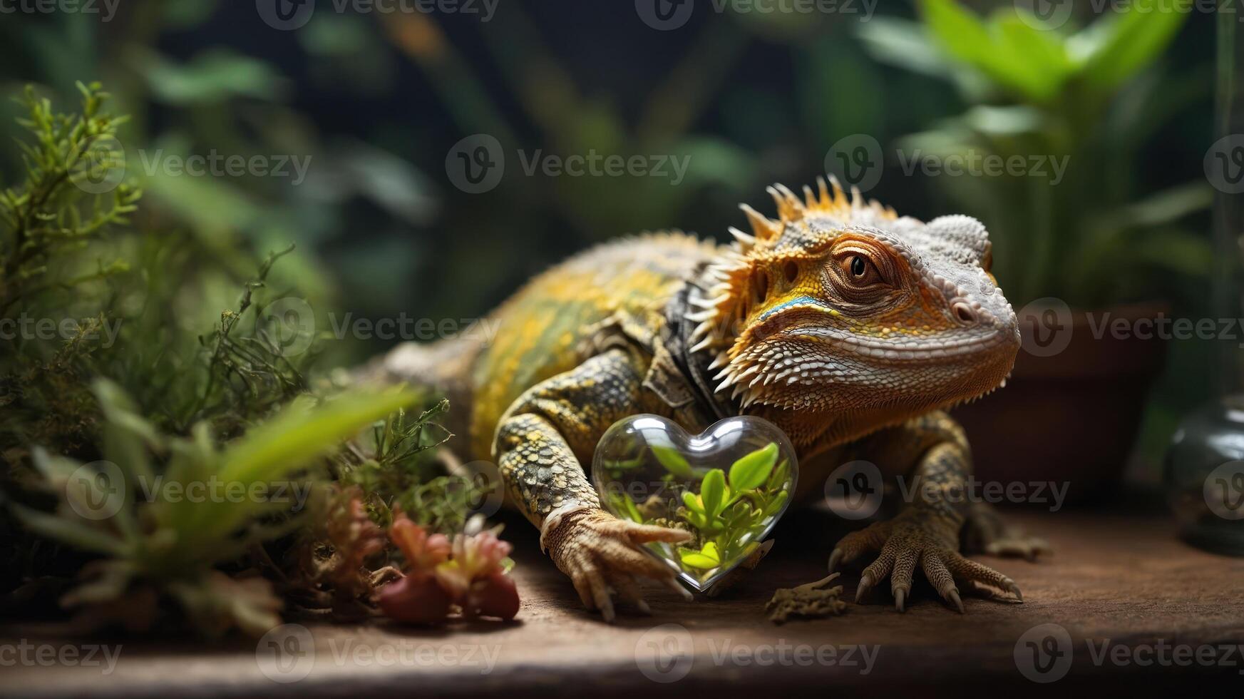 A bearded dragon holds a heart-shaped glass container with a plant, surrounded by greenery. photo