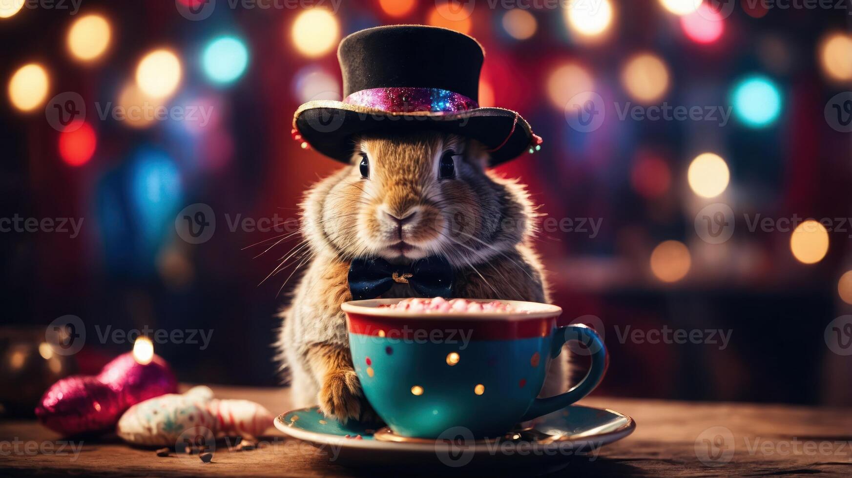 A stylish rabbit wearing a top hat and bow tie, sitting beside a colorful cup of hot chocolate. photo