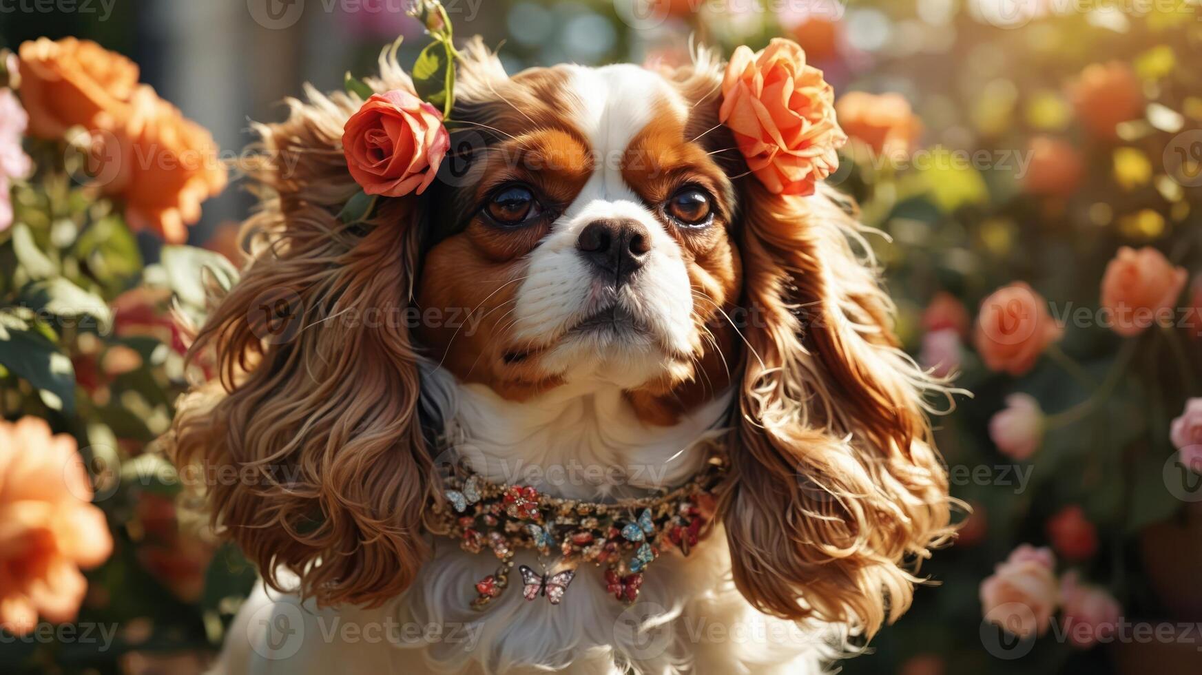 A charming dog adorned with flowers, set in a vibrant garden. photo