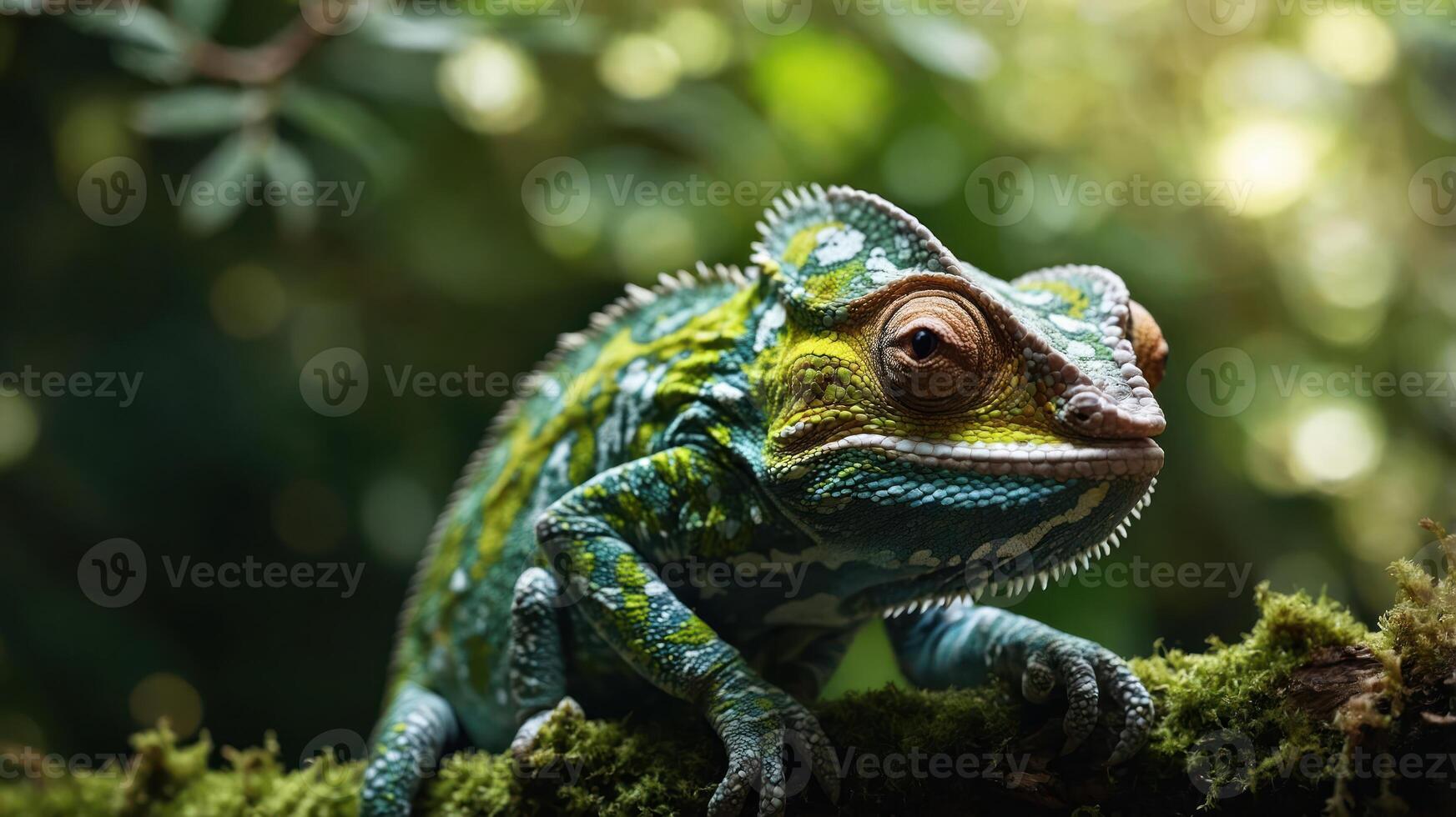 A vibrant chameleon resting on moss in a lush, green environment. photo