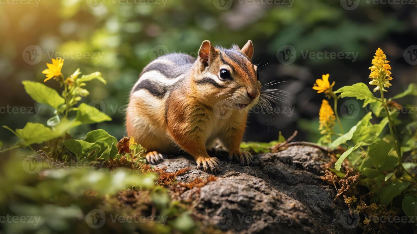 A chipmunk perched on a rock amidst greenery and yellow flowers in a natural setting. photo