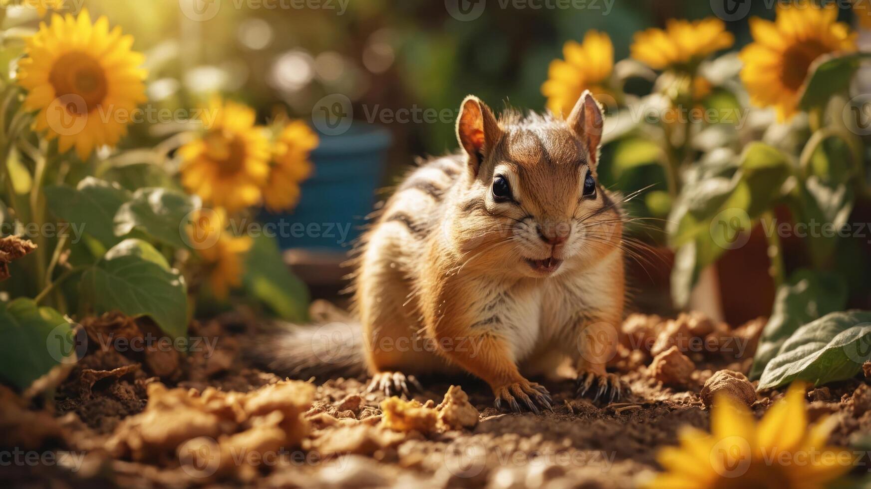 A chipmunk among sunflowers in a garden, enjoying a sunny day. photo