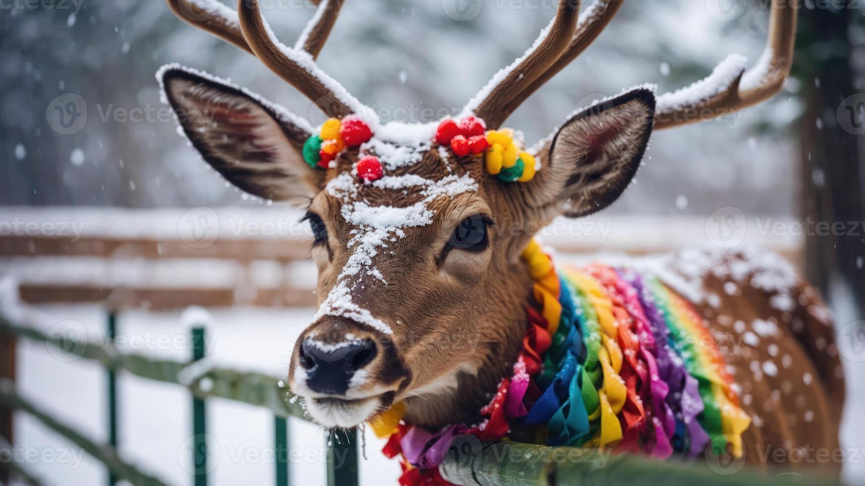 A festive reindeer adorned with colorful decorations in a snowy landscape. photo
