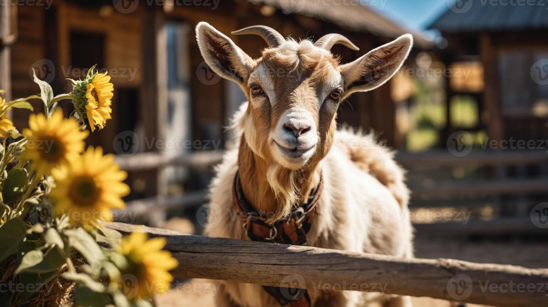 A friendly goat stands near sunflowers in a rustic farm setting. photo