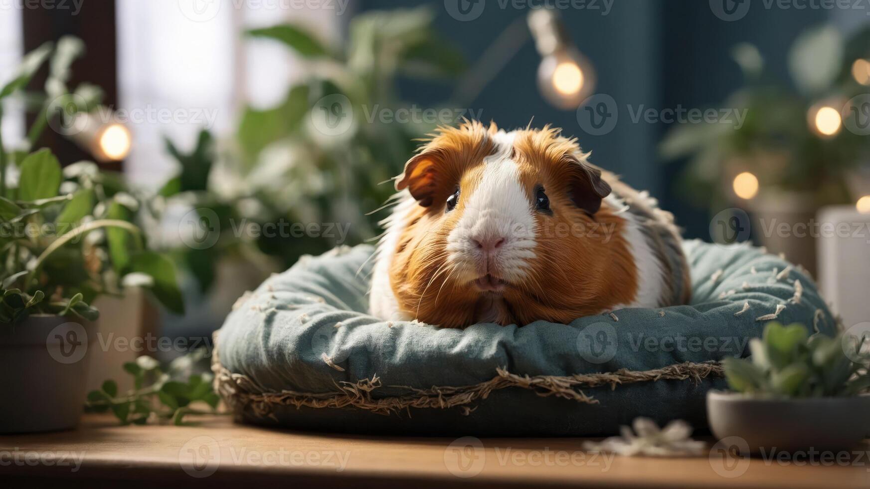 A cute guinea pig resting on a cozy cushion surrounded by plants and warm lighting. photo