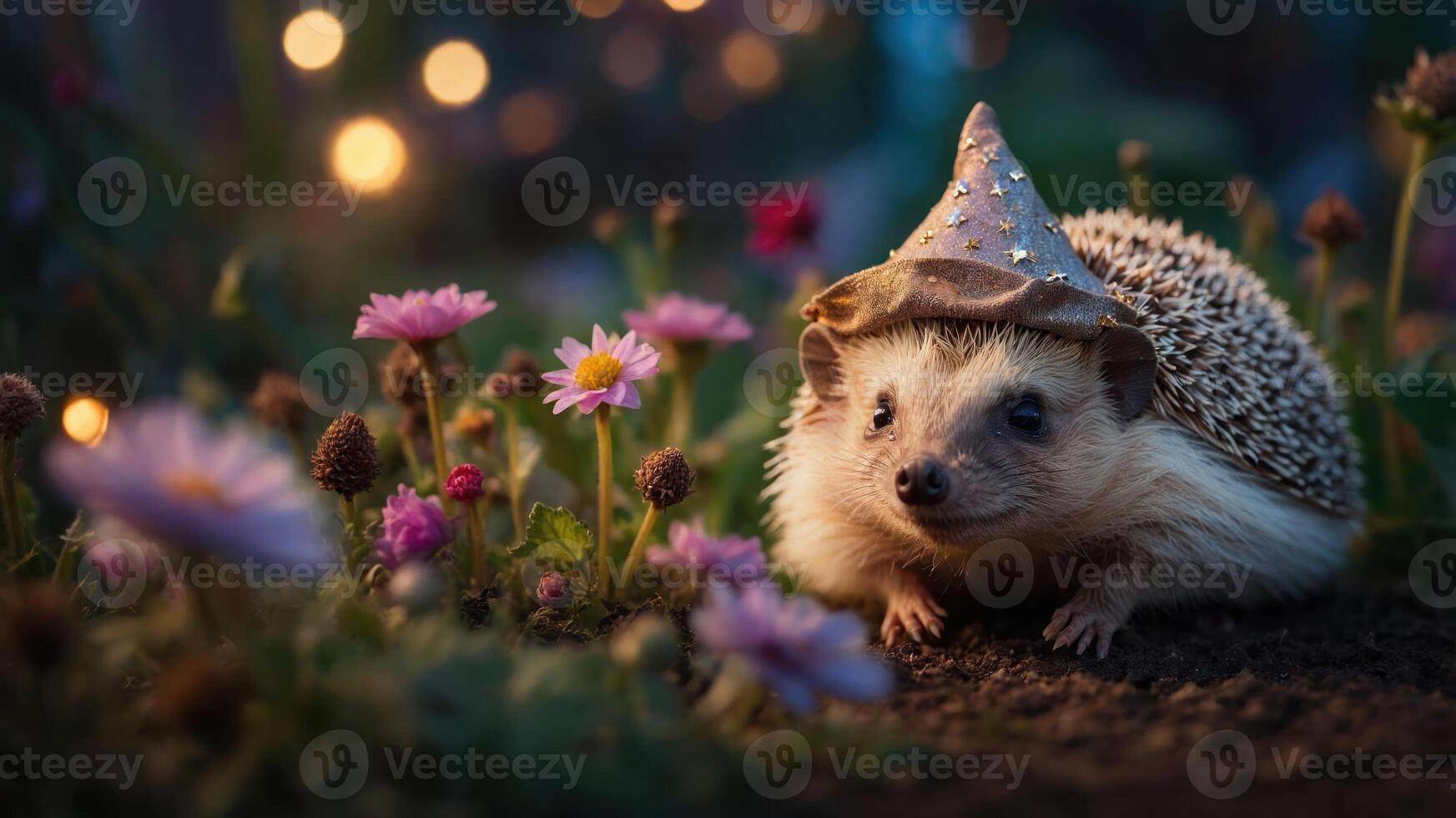 A hedgehog wearing a party hat surrounded by colorful flowers in a whimsical setting. photo