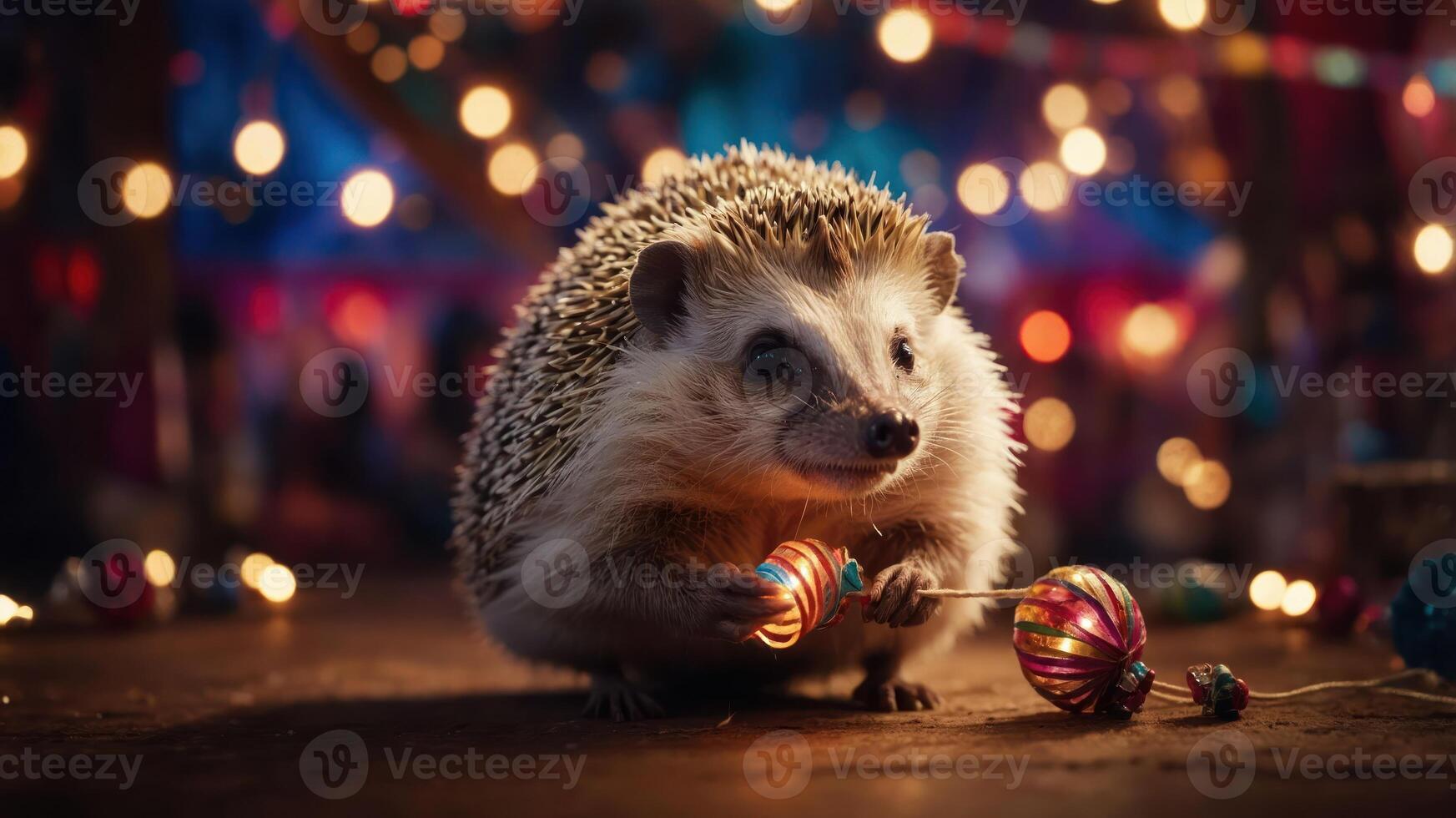 A cute hedgehog holding colorful ornaments in a festive environment. photo