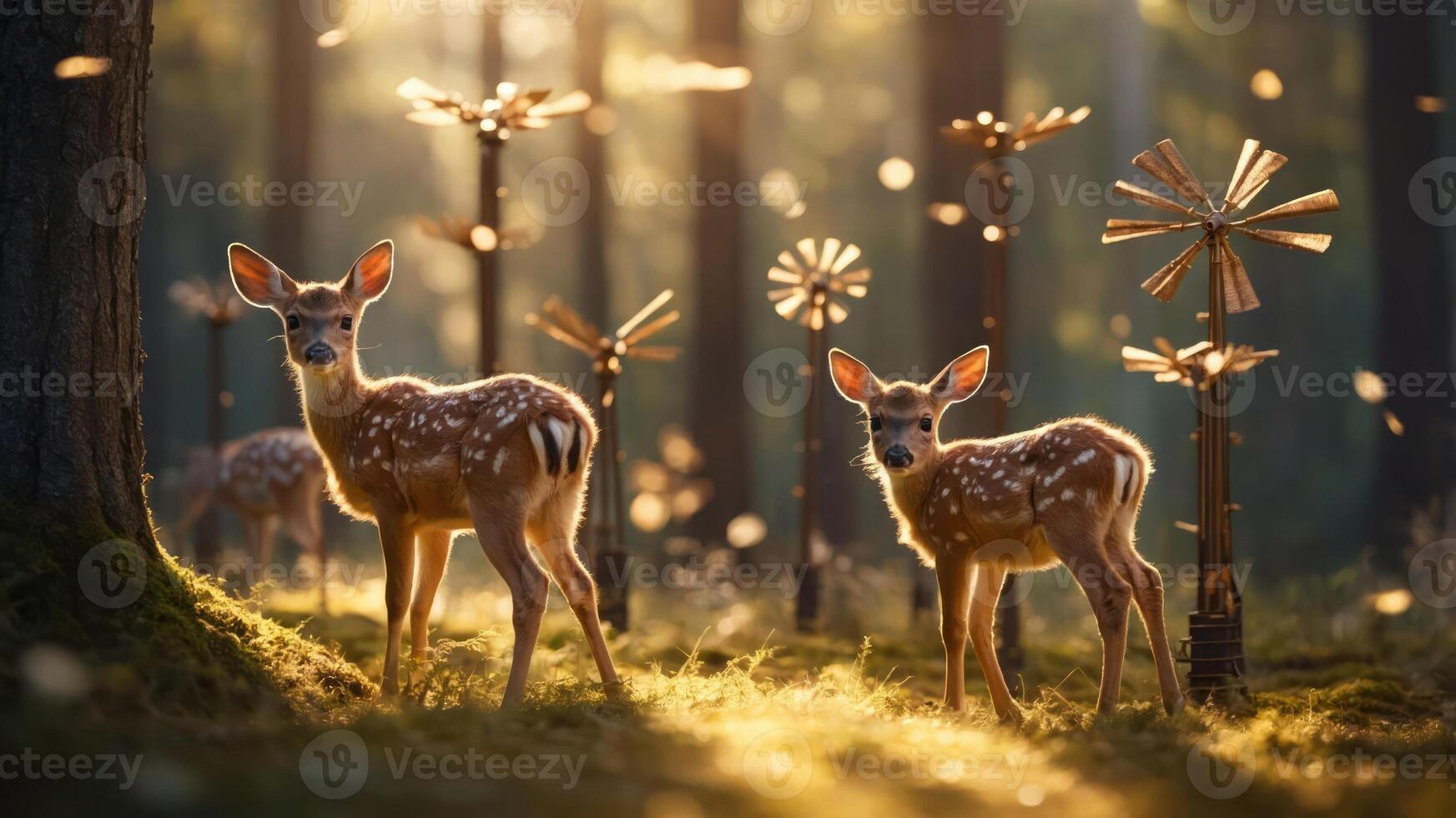 Two fawns in a sunlit forest with whimsical windmill sculptures. photo