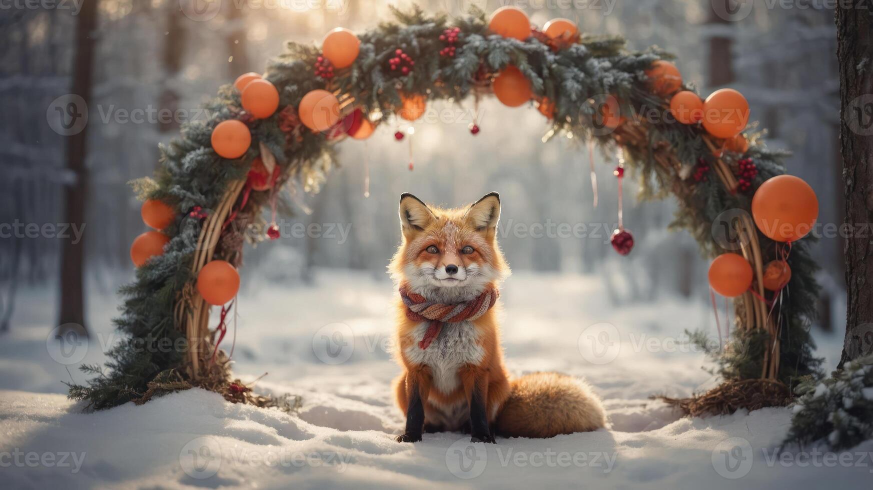 A fox sits beneath a festive archway adorned with ornaments in a snowy forest. photo