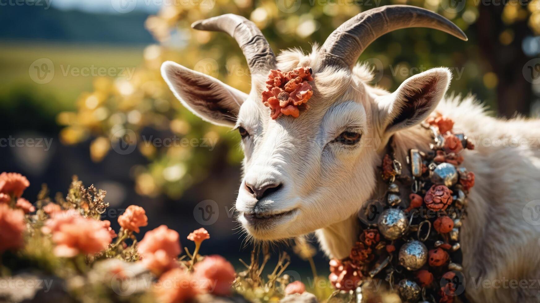 A decorated goat with flowers and bells in a vibrant outdoor setting. photo