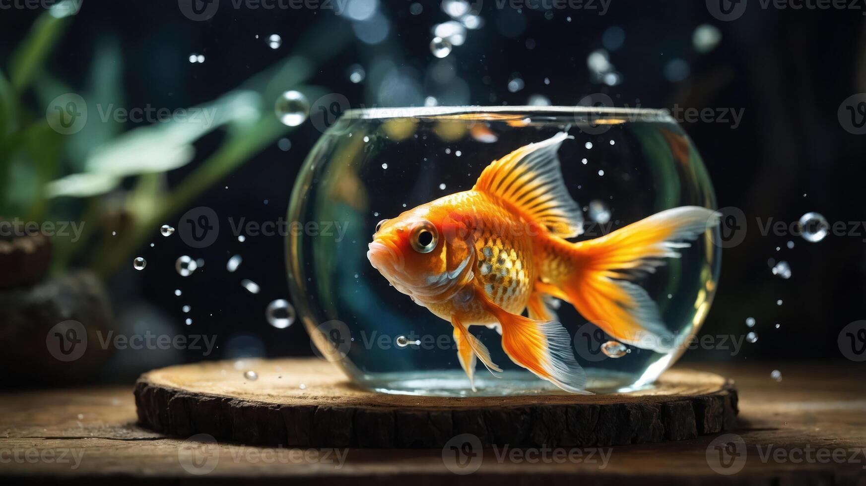 A goldfish swimming in a bowl, surrounded by bubbles, set against a dark background. photo