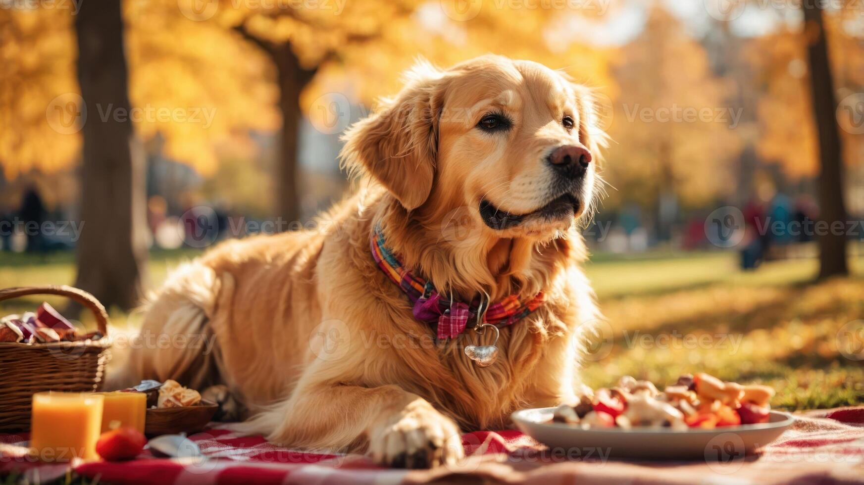 A golden retriever relaxes on a picnic blanket surrounded by food in an autumn park. photo