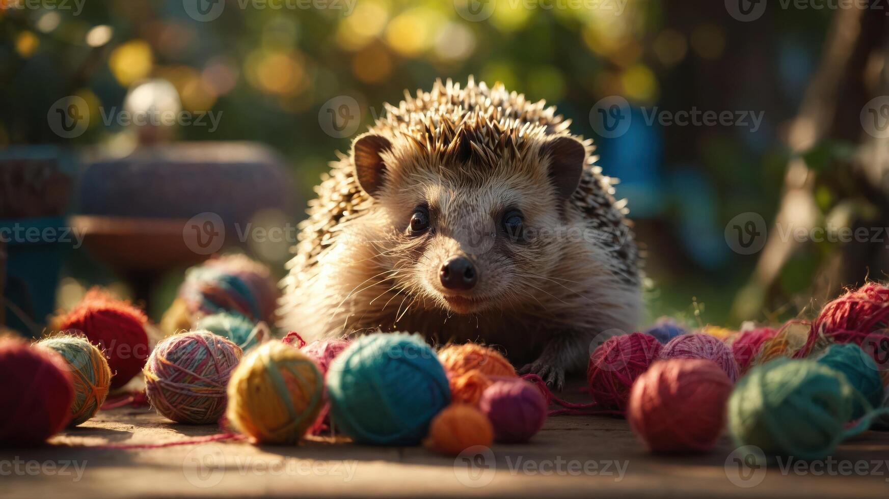 A hedgehog surrounded by colorful yarn balls in a garden setting. photo