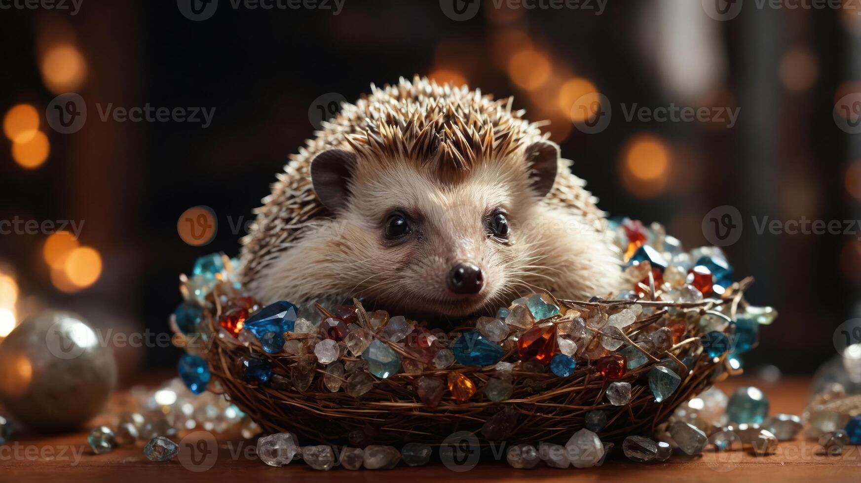 A hedgehog nestled in a decorative nest of colorful gems and stones. photo