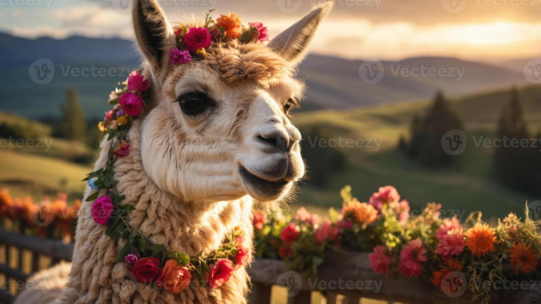 A decorated llama with flowers around its neck, set against a scenic sunset landscape. photo