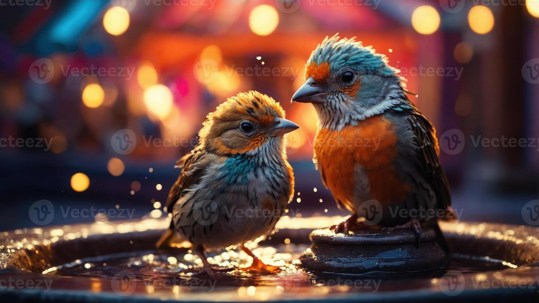 Two colorful birds bathing in a fountain, surrounded by a softly lit, festive atmosphere. photo