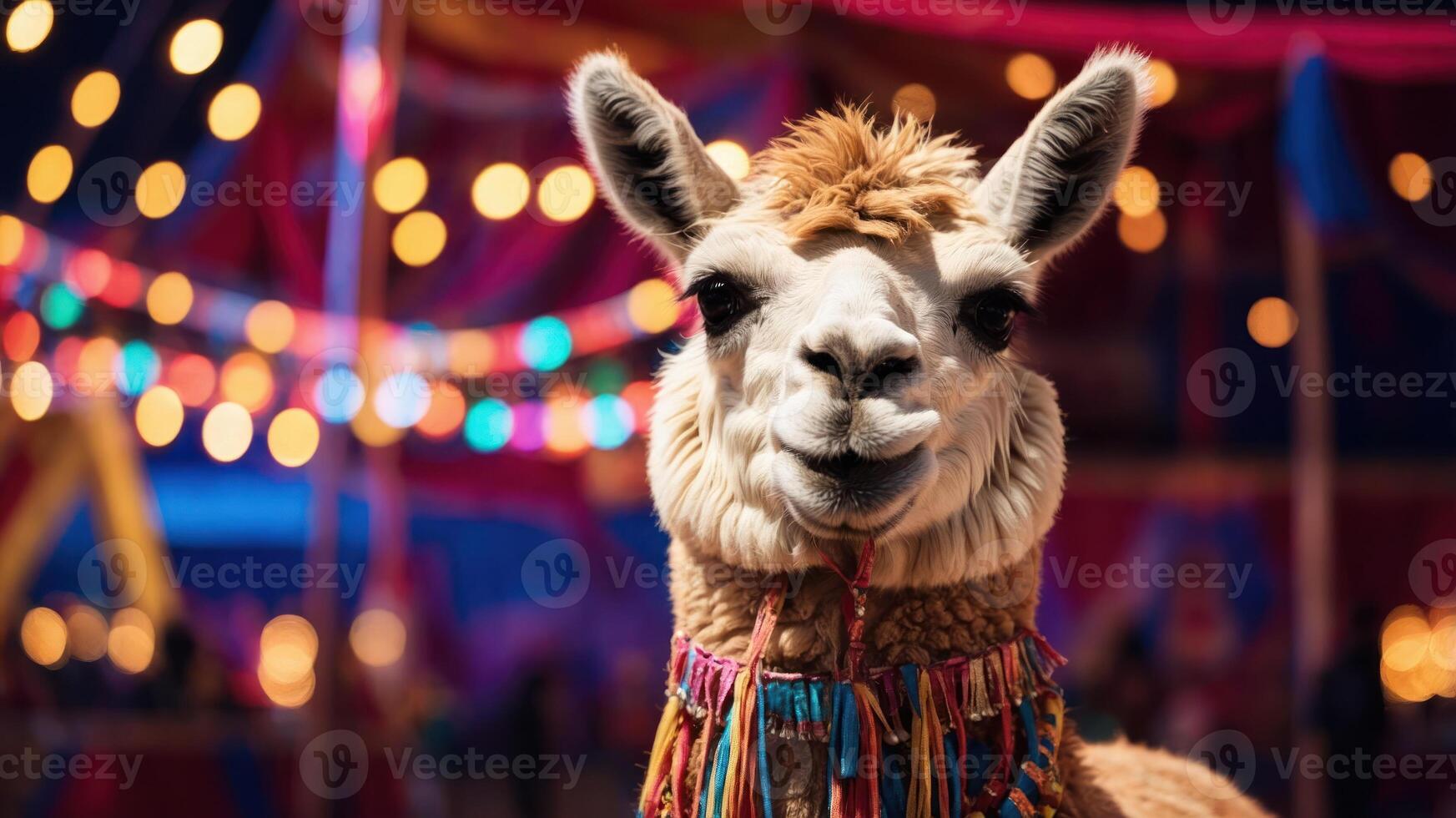 A close-up of a llama adorned with colorful decorations at a festive event. photo