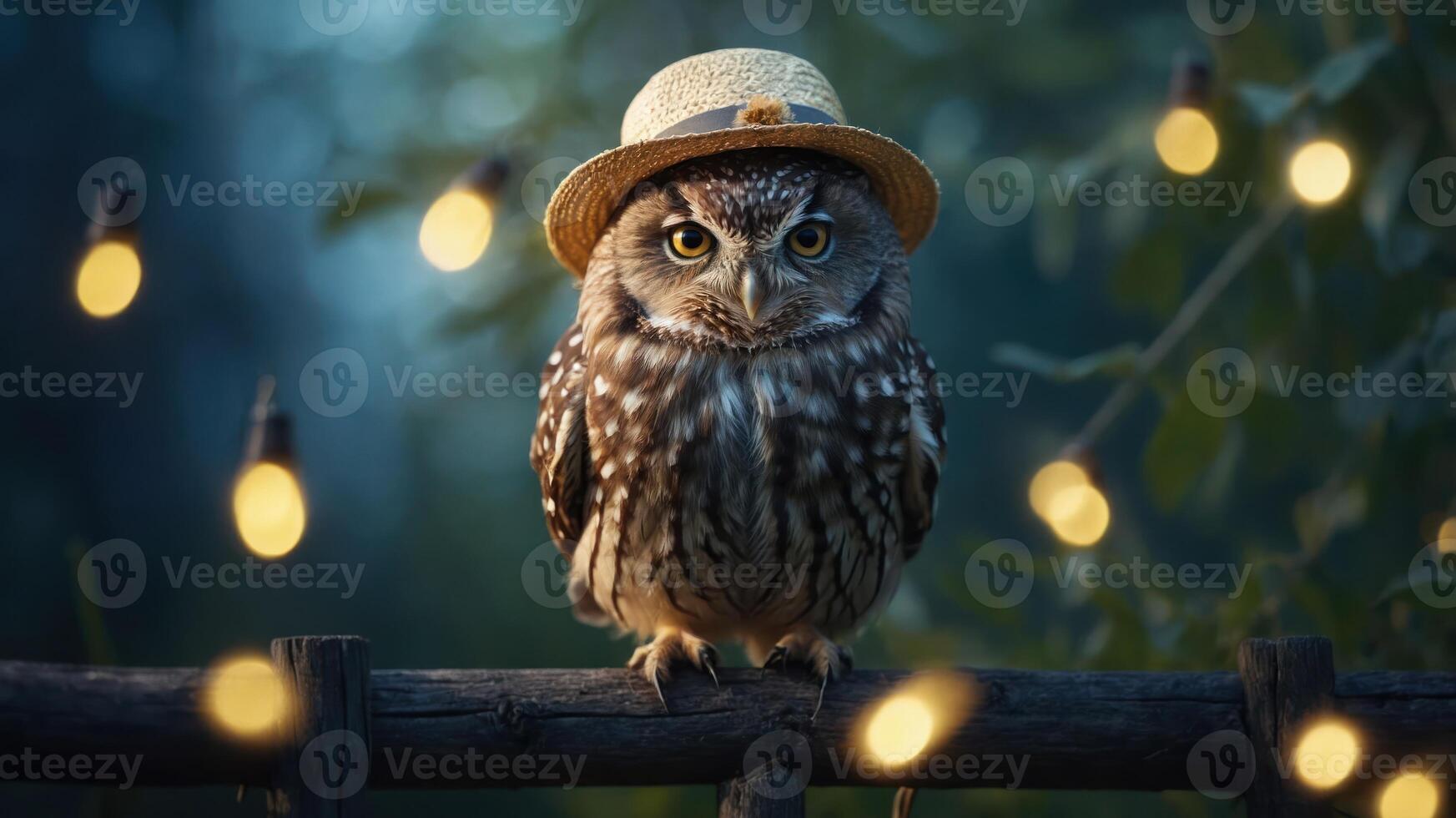 A charming owl wearing a straw hat, surrounded by glowing lights in a serene setting. photo