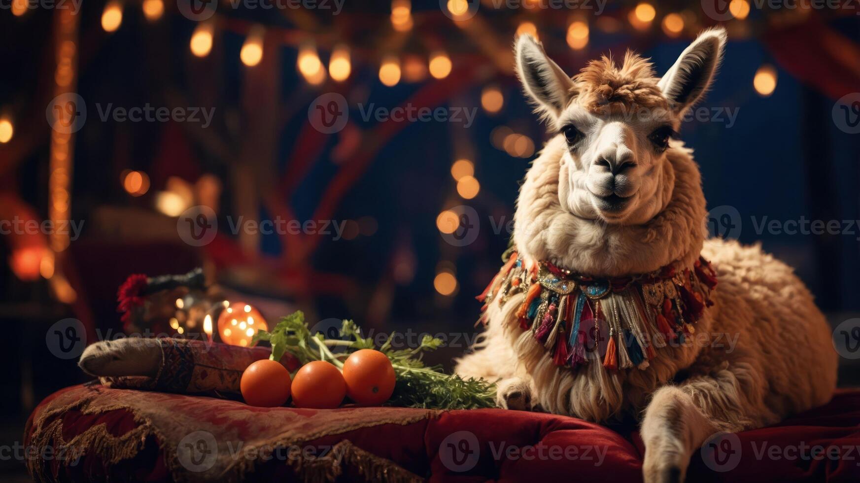 A llama adorned with a colorful necklace relaxes among fruits in a cozy, festive setting. photo