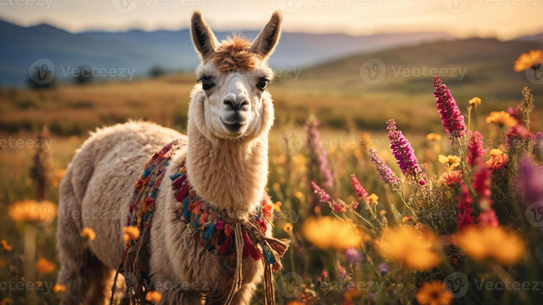 A llama stands in a colorful flower field during sunset, showcasing nature's beauty. photo