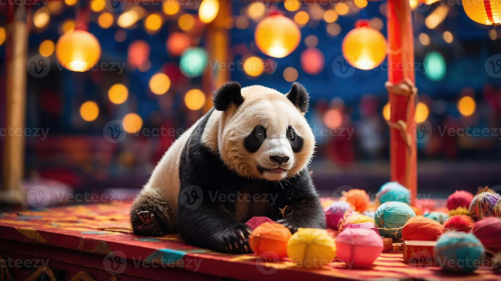 A panda playing with colorful yarn balls in a festive setting with glowing lanterns. photo