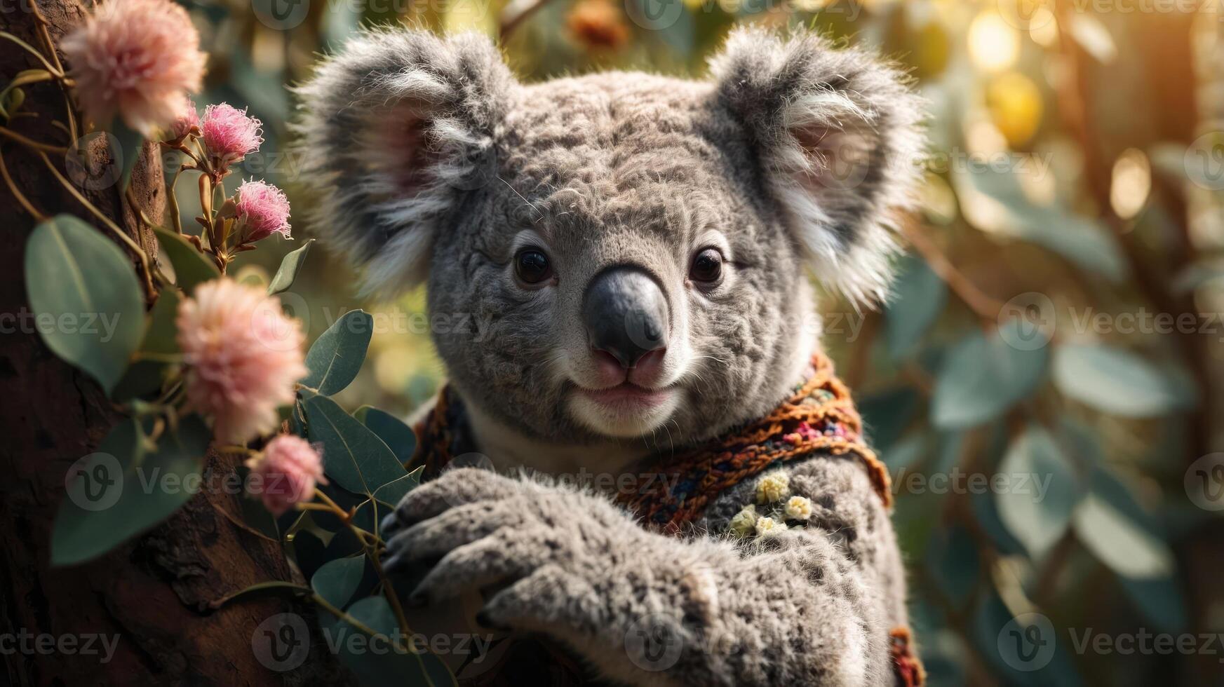 A friendly koala in a colorful sweater surrounded by flowers and greenery. photo