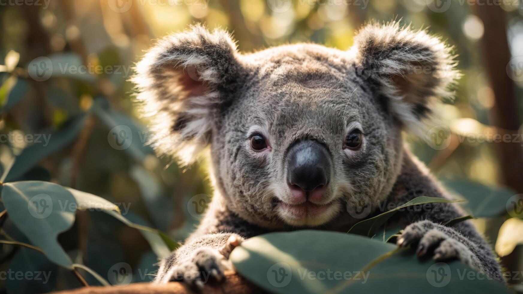 A close-up of a koala resting among eucalyptus leaves in a natural setting. photo