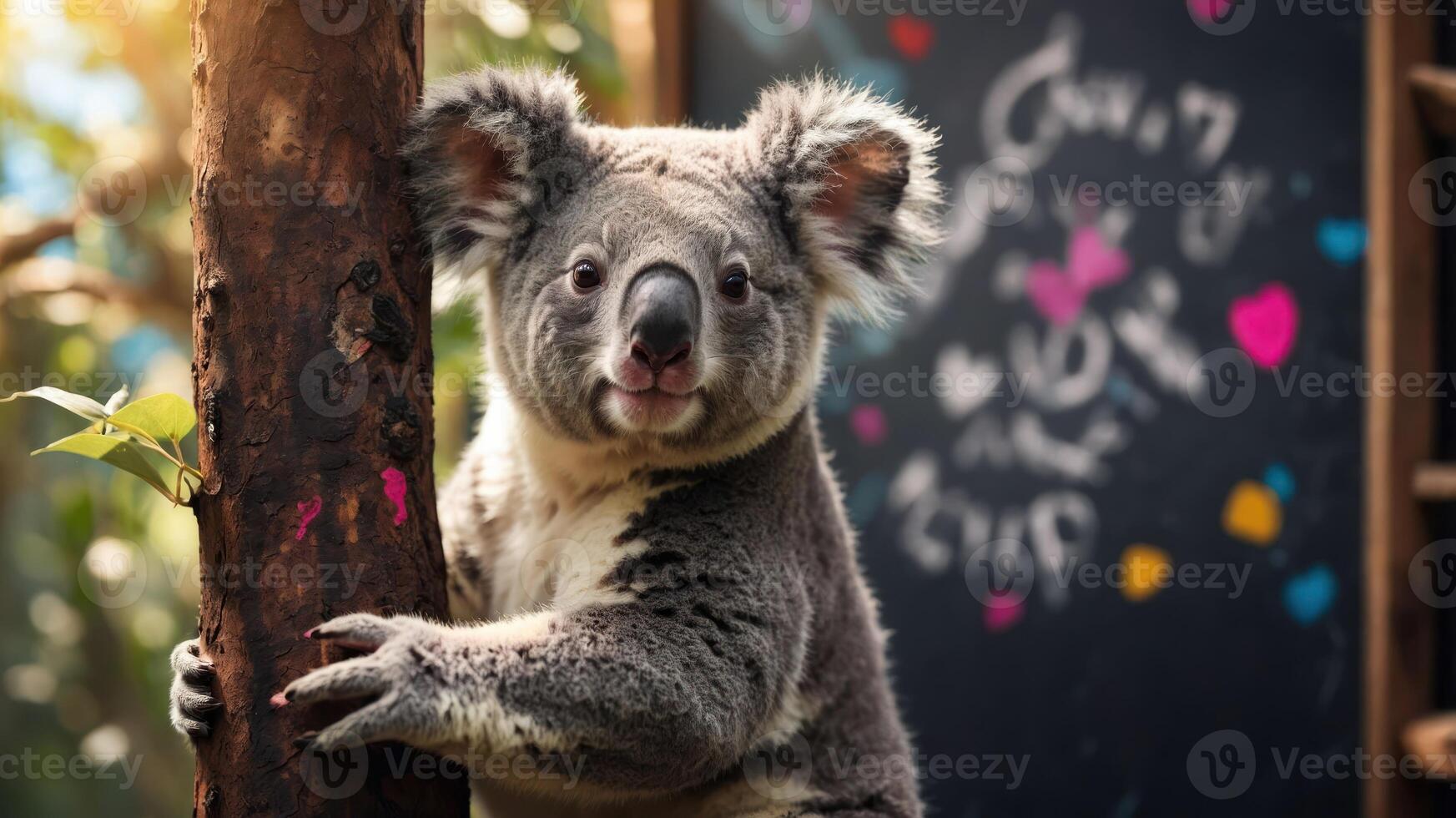 A koala perched on a tree with a colorful background. photo