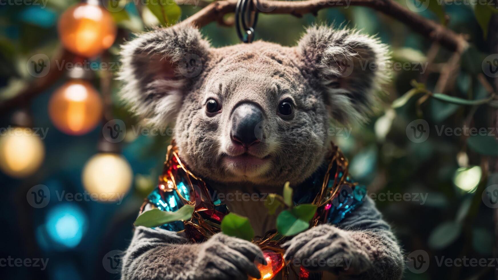 A koala adorned with colorful decorations, surrounded by foliage and soft lighting. photo