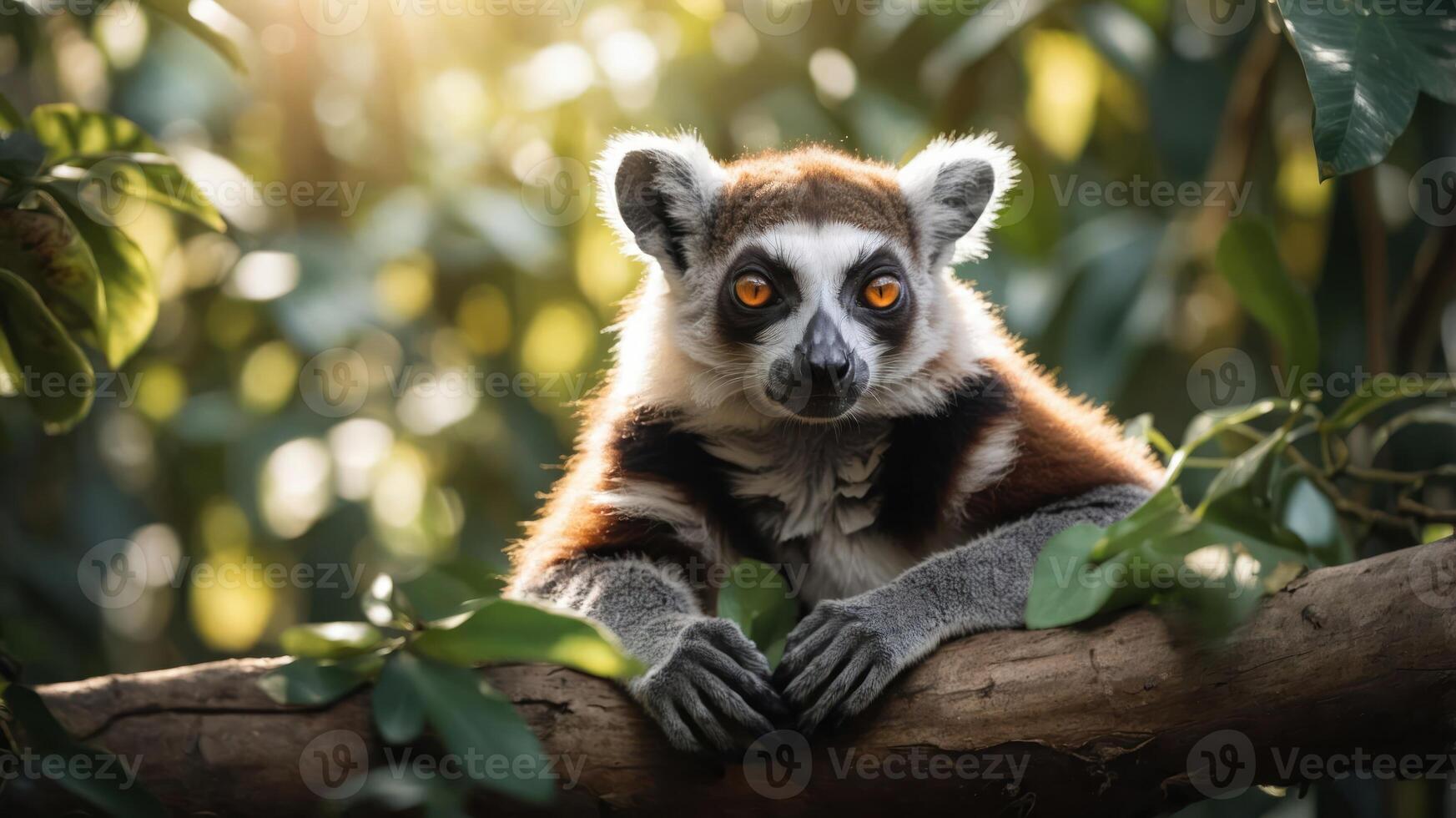 A lemur resting on a branch amidst lush greenery, showcasing its striking features. photo