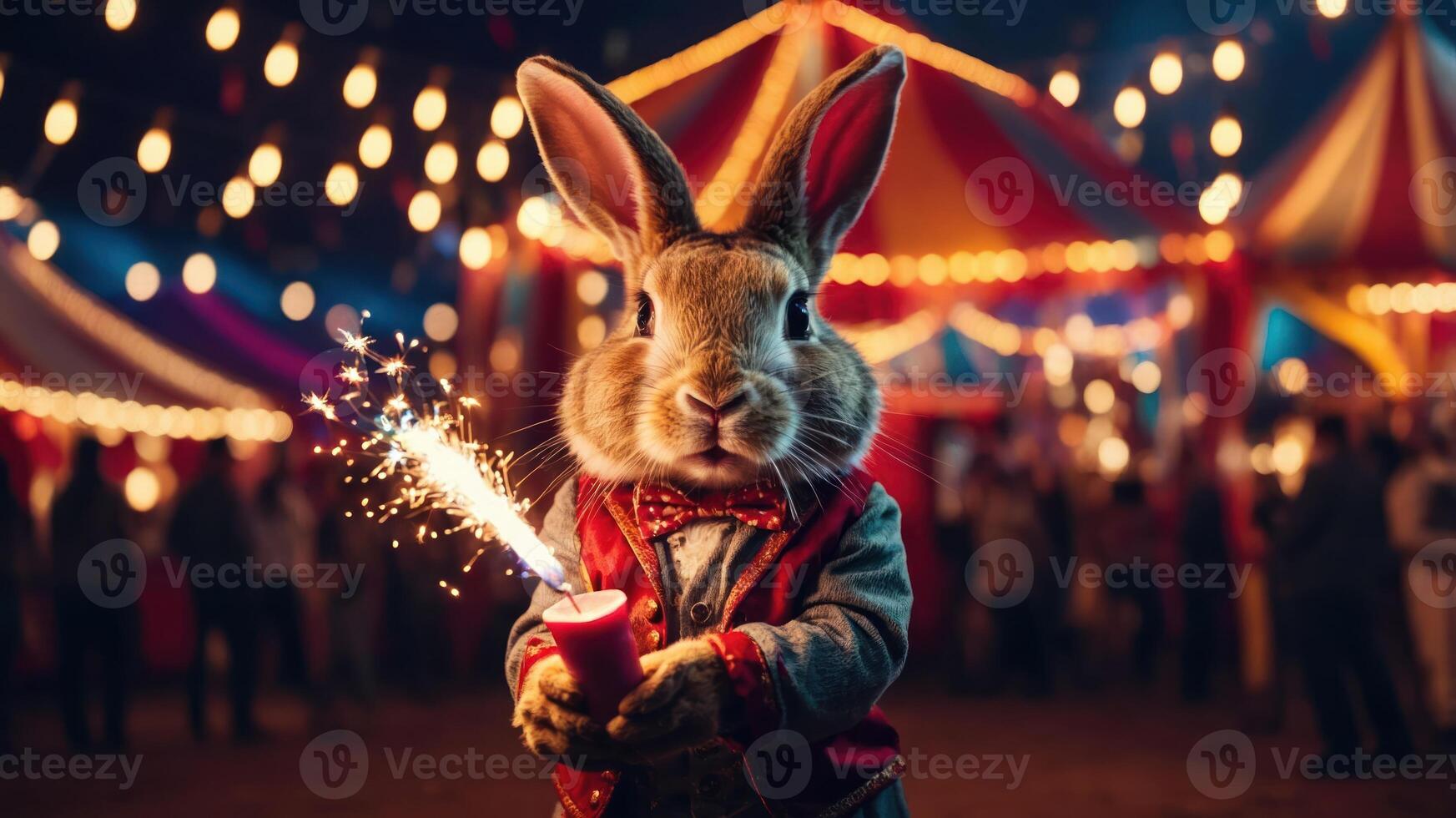 A whimsical rabbit in a circus setting holds a sparkler, creating a festive atmosphere. photo