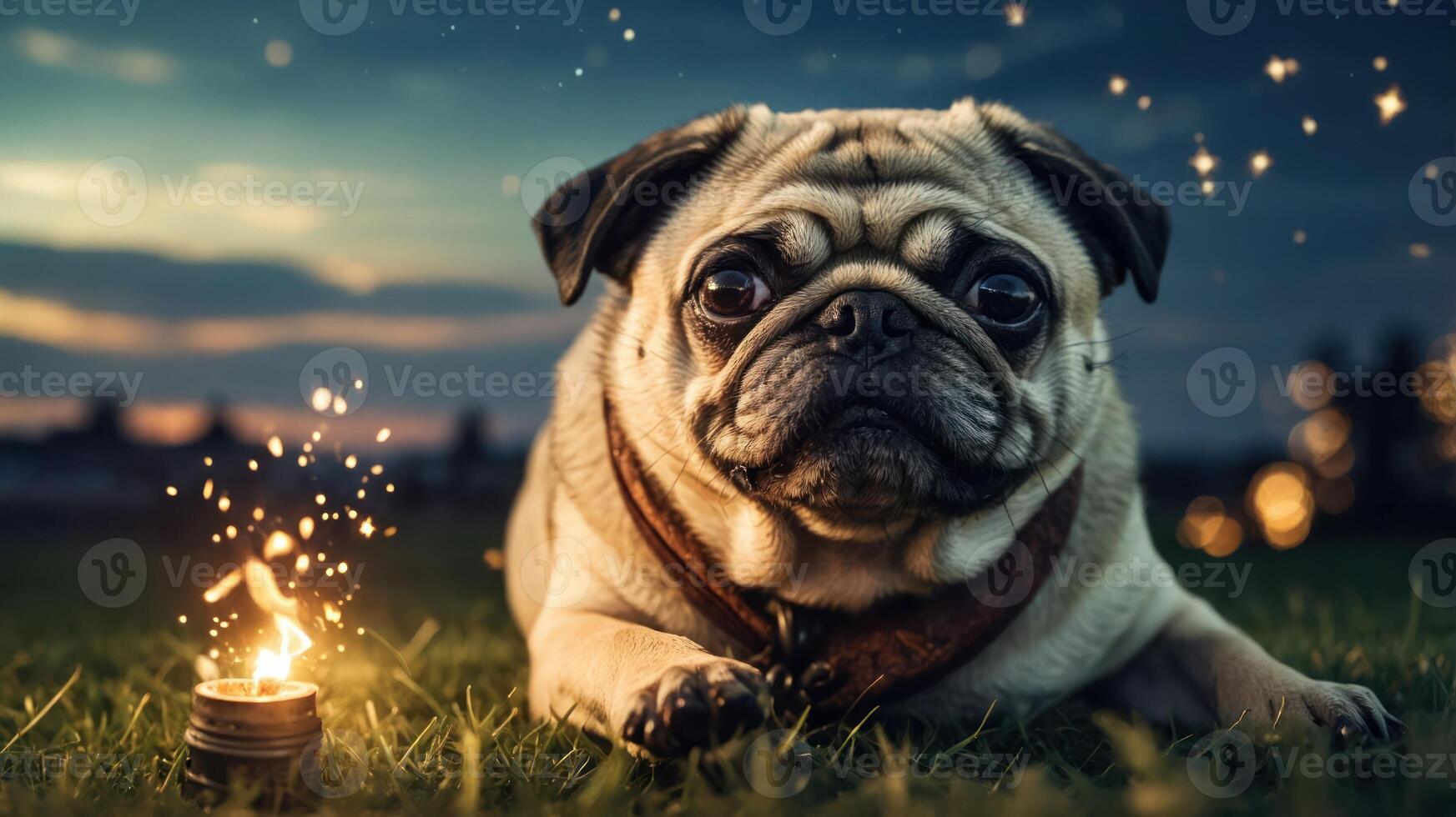 A pug lying on grass beside a glowing sparkler at dusk, creating a whimsical atmosphere. photo