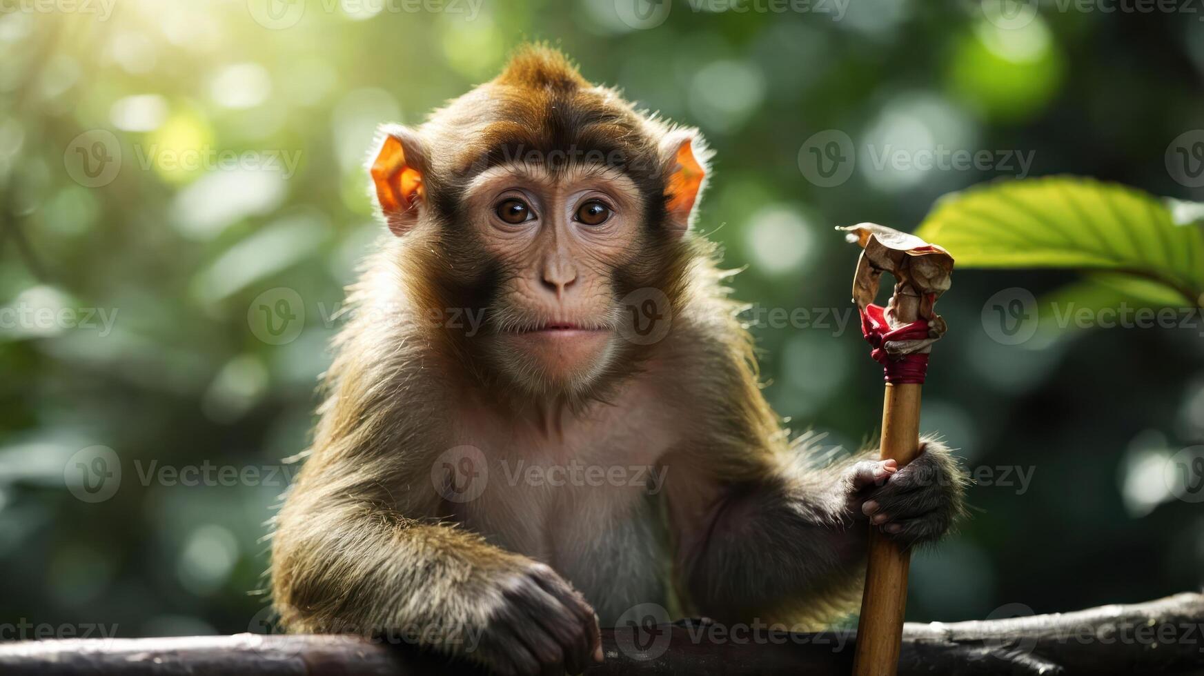 A monkey holding a stick, set against a lush green background. photo