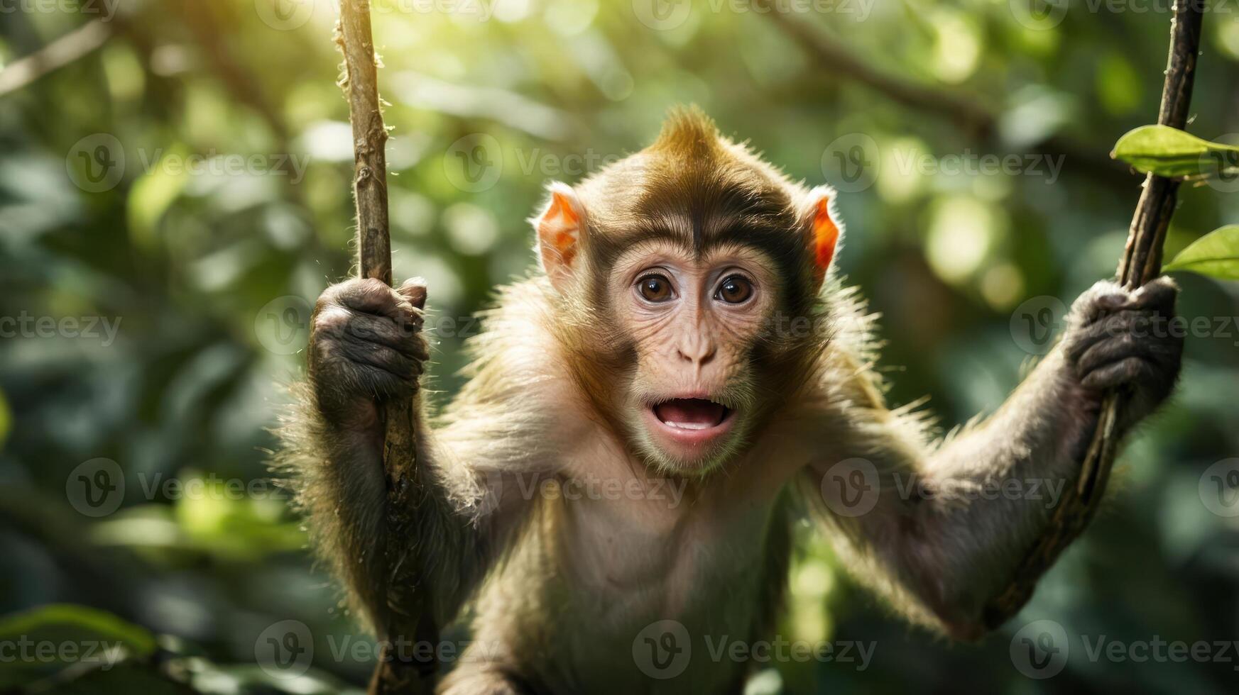 A surprised monkey hanging from branches in a lush green environment. photo